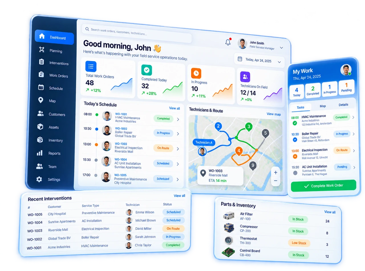 Field service planning met dagschema, route van de techniekers en mobiele werkbon-app van Digitalnatie