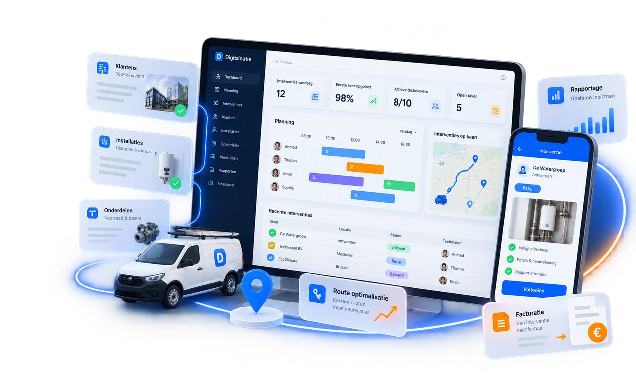 Tableau de bord du logiciel Field Service et application mobile pour techniciens